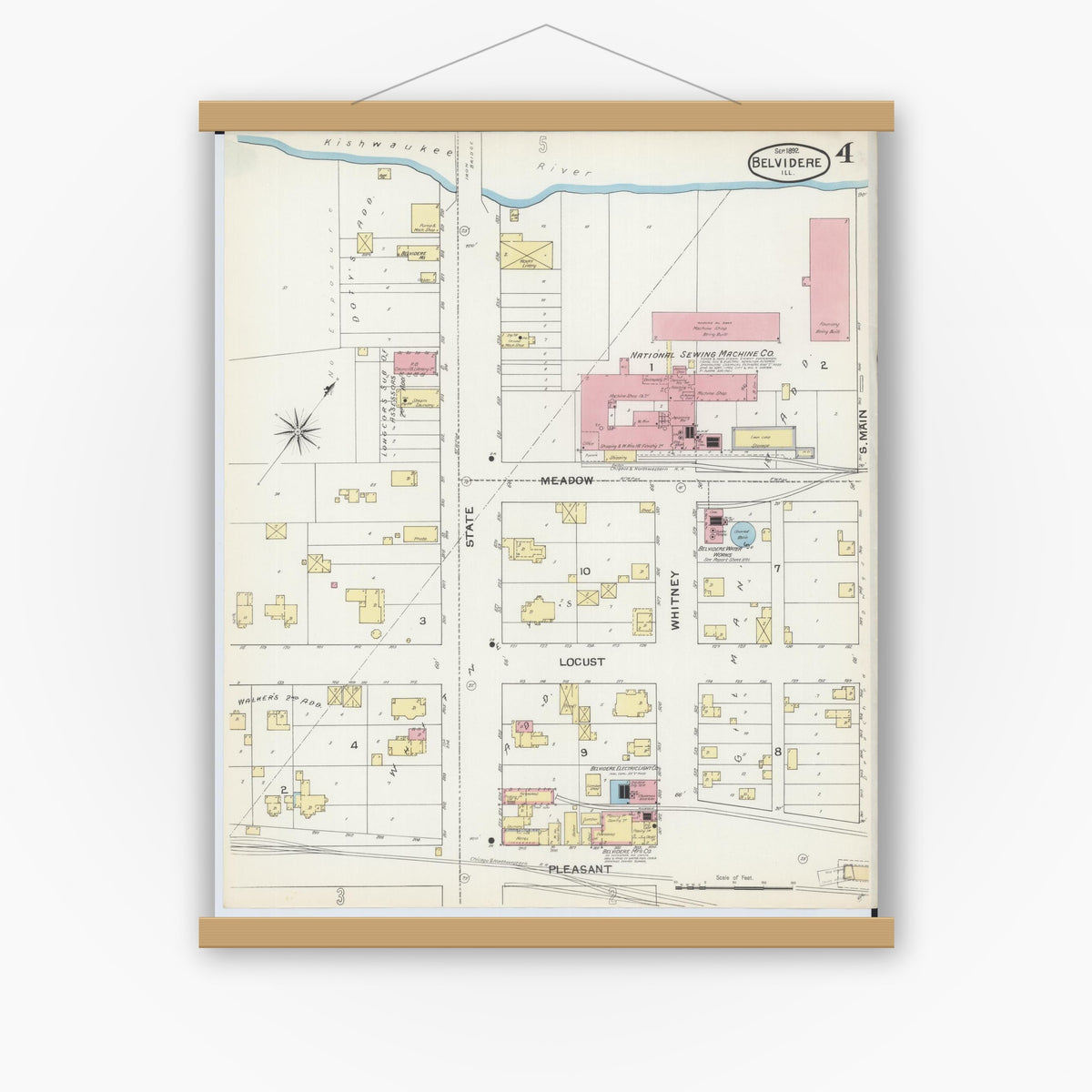 Old map wall art mockup — magnetic wood frame on white wall — Sanborn Fire Insurance Map from Belvidere, Boone County, Illinois (1892), Sheet #0004