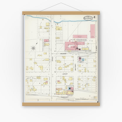 Old map wall art mockup — magnetic wood frame on white wall — Sanborn Fire Insurance Map from Belvidere, Boone County, Illinois (1892), Sheet #0004