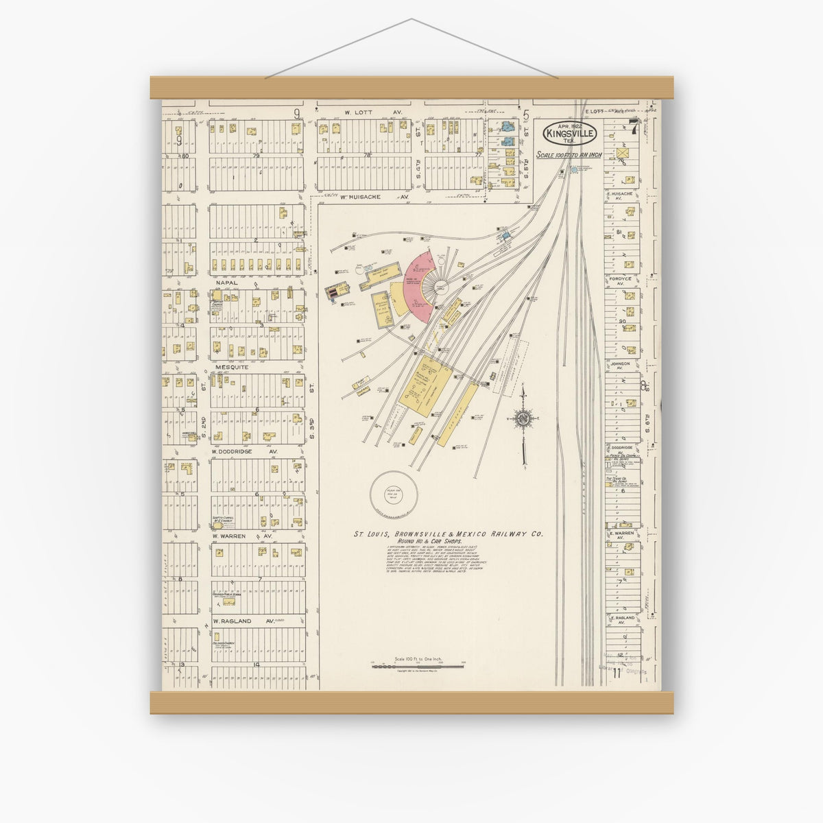 Old map wall art mockup — magnetic wood frame on white wall — Sanborn Fire Insurance Map from Kingsville, Kleberg County, Texas (1922), Sheet #0007