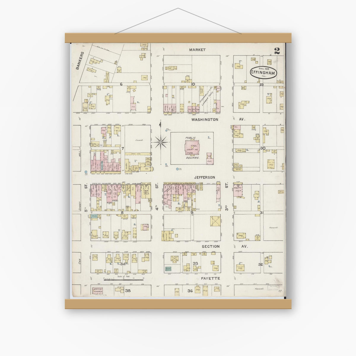 Old map wall art mockup — magnetic wood frame on white wall — Sanborn Fire Insurance Map from Effingham, Effingham County, Illinois (1888), Sheet #0002