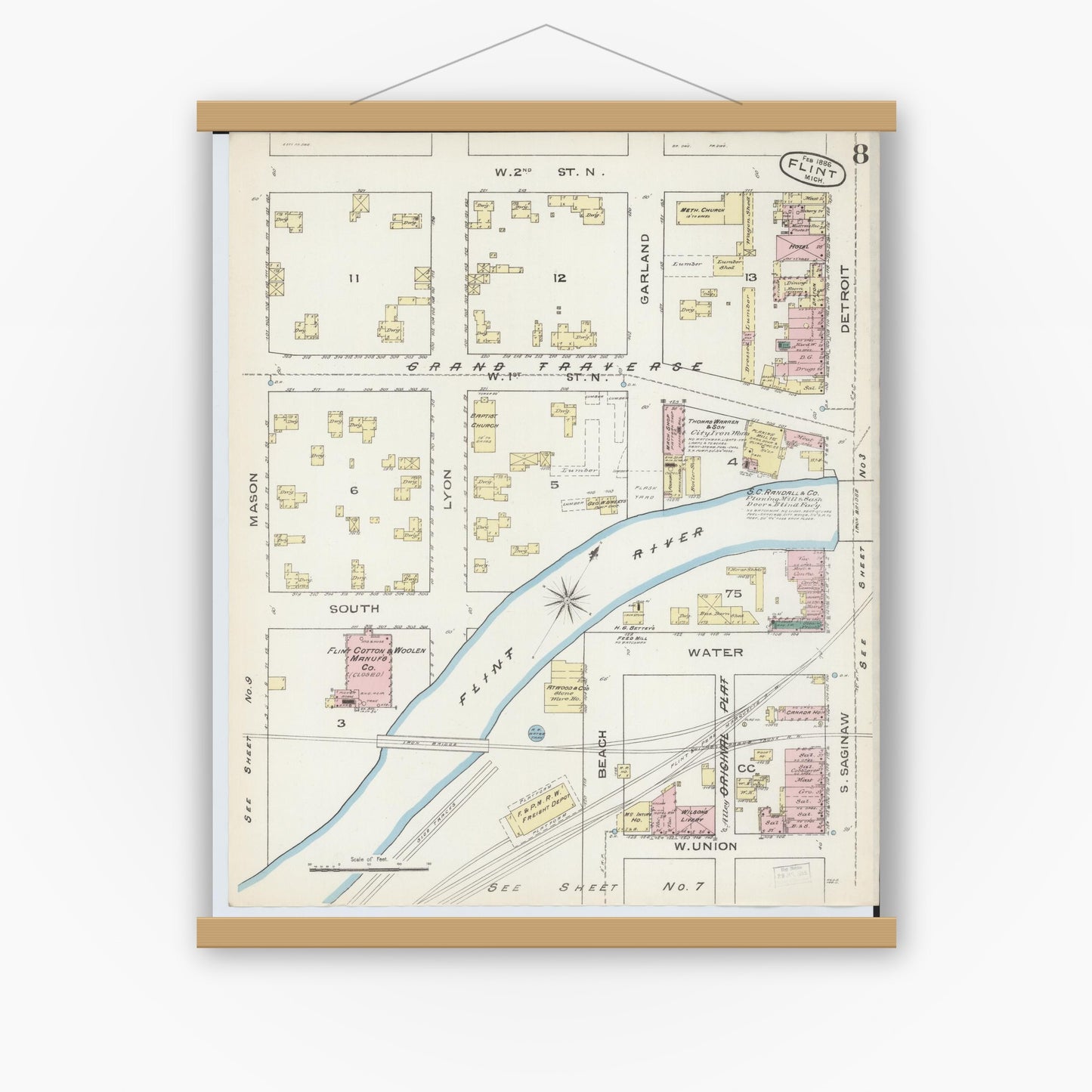 Old map wall art mockup — magnetic wood frame on white wall — Sanborn Fire Insurance Map from Flint, Genesee County, Michigan (1886), Sheet #0008
