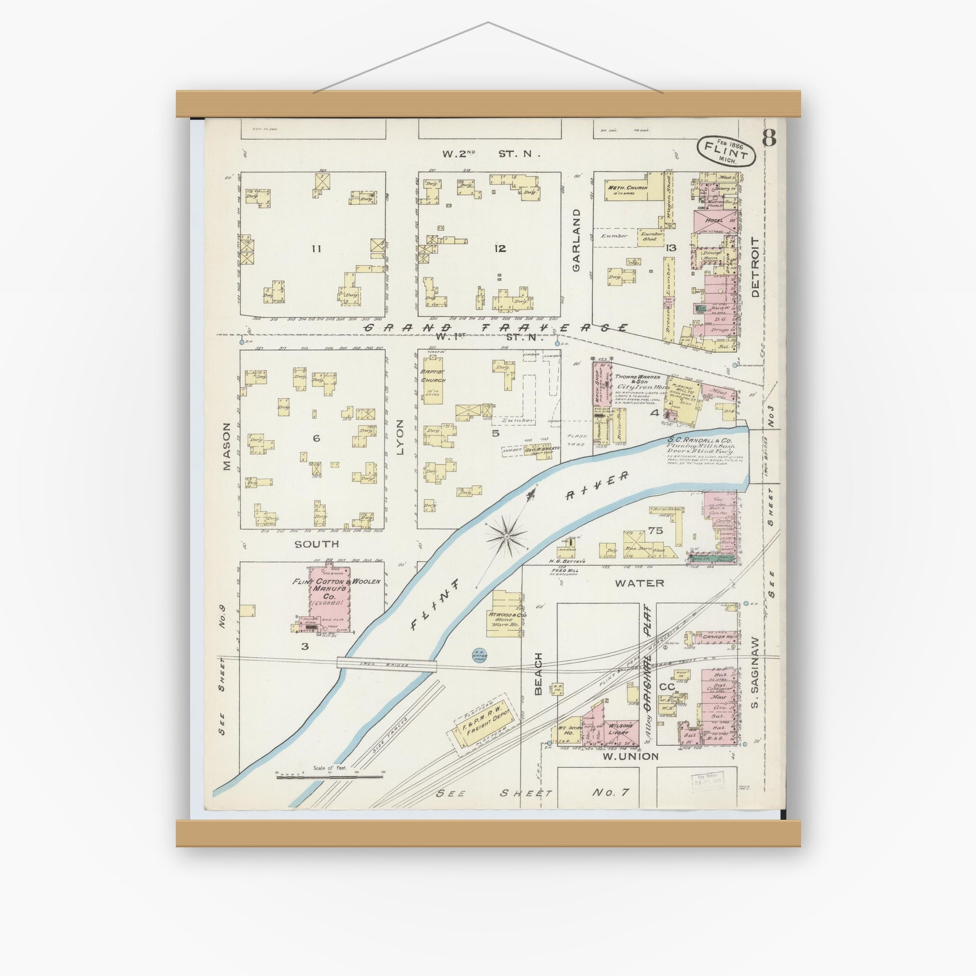 Old map wall art mockup — magnetic wood frame on white wall — Sanborn Fire Insurance Map from Flint, Genesee County, Michigan (1886), Sheet #0008