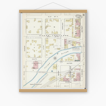 Old map wall art mockup — magnetic wood frame on white wall — Sanborn Fire Insurance Map from Flint, Genesee County, Michigan (1886), Sheet #0008