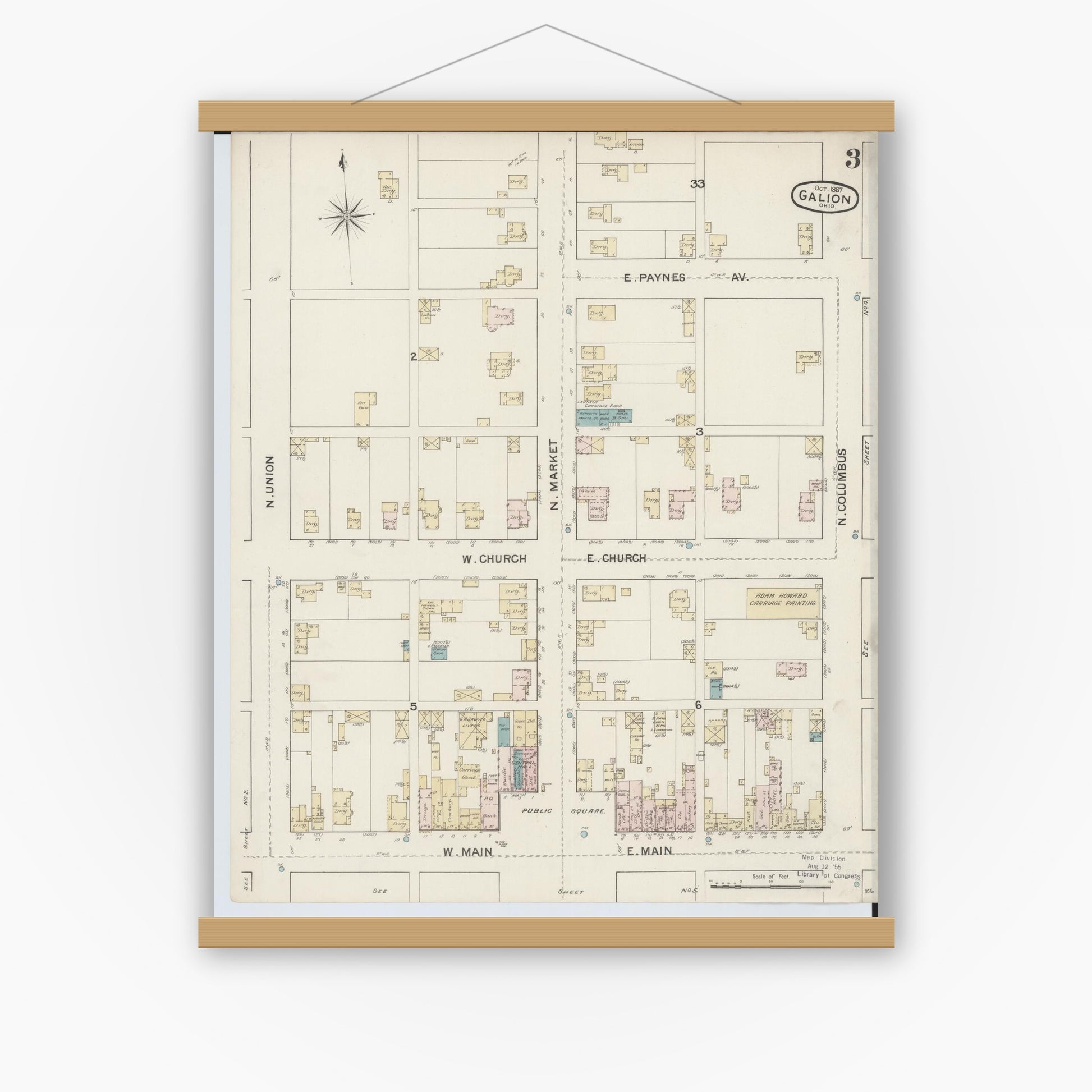 Old map wall art mockup — magnetic wood frame on white wall — Sanborn Fire Insurance Map from Galion, Crawford County, Ohio (1887), Sheet #0003