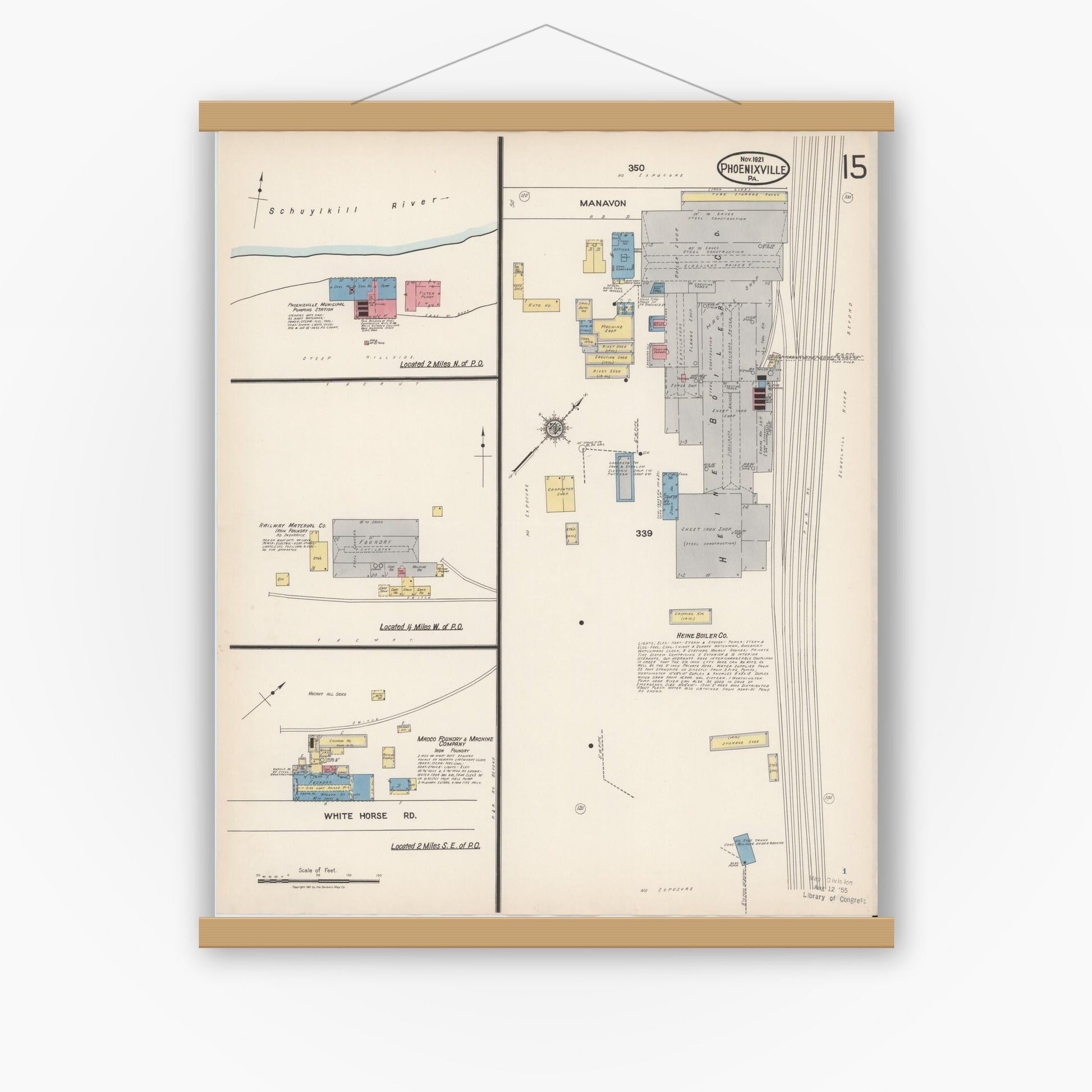 Old map wall art mockup — magnetic wood frame on white wall — Sanborn Fire Insurance Map from Phoenixville, Chester County, Pennsylvania (1921), Sheet #0015