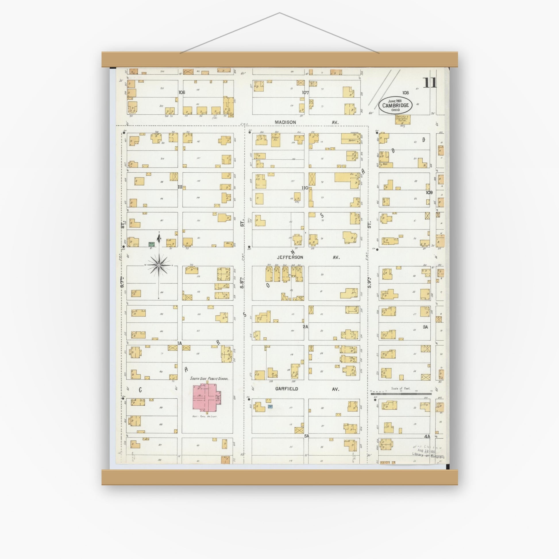 Old map wall art mockup — magnetic wood frame on white wall — Sanborn Fire Insurance Map from Cambridge, Guernsey County, Ohio (1901), Sheet #0011
