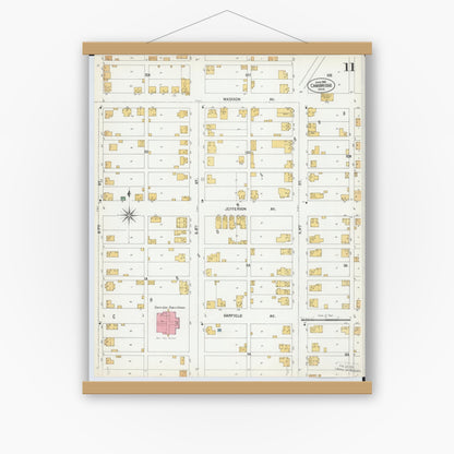Old map wall art mockup — magnetic wood frame on white wall — Sanborn Fire Insurance Map from Cambridge, Guernsey County, Ohio (1901), Sheet #0011