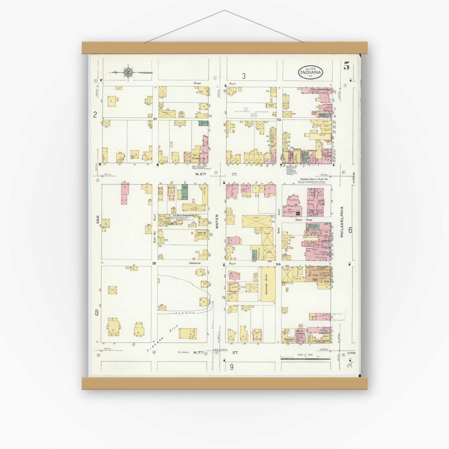 Old map wall art mockup — magnetic wood frame on white wall — Sanborn Fire Insurance Map from Indiana, Indiana County, Pennsylvania (1910), Sheet #0005