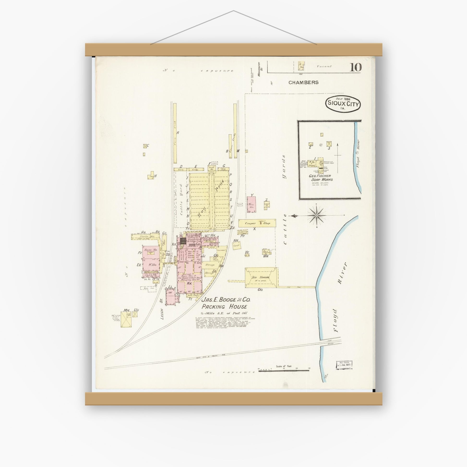 Old map wall art mockup — magnetic wood frame on white wall — Sanborn Fire Insurance Map from Sioux City, Woodbury County, Iowa (1886), Sheet #0010