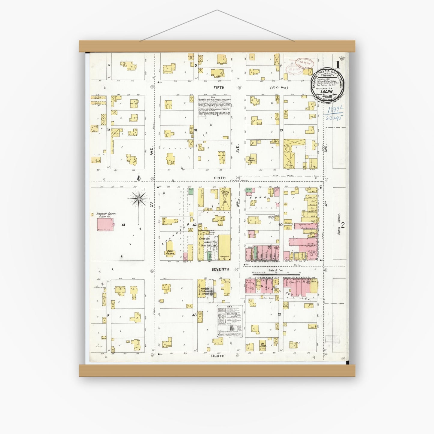 Old map wall art mockup — magnetic wood frame on white wall — Sanborn Fire Insurance Map from Logan, Harrison County, Iowa (1899), Sheet #0001
