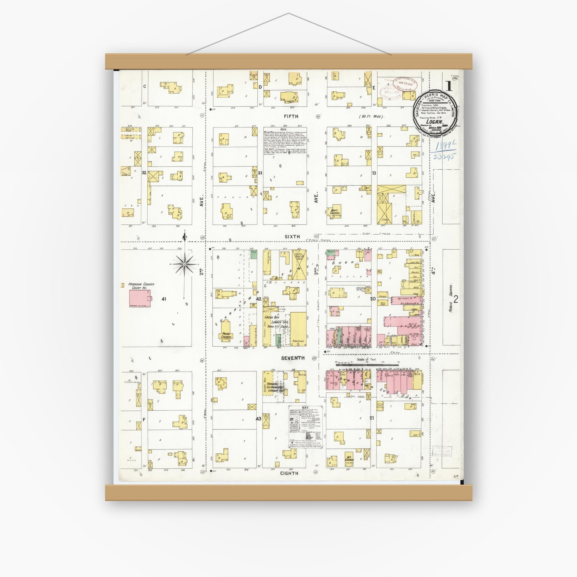 Old map wall art mockup — magnetic wood frame on white wall — Sanborn Fire Insurance Map from Logan, Harrison County, Iowa (1899), Sheet #0001
