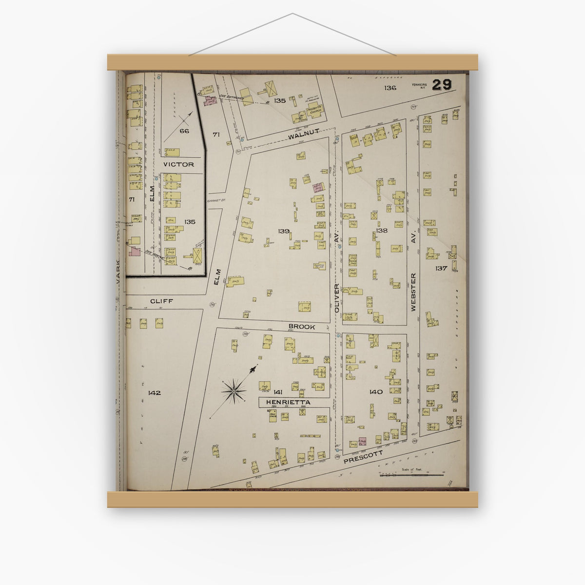 Old map wall art mockup — magnetic wood frame on white wall — Sanborn Fire Insurance Map from Yonkers, Westchester County, New York (1886), Sheet #0029