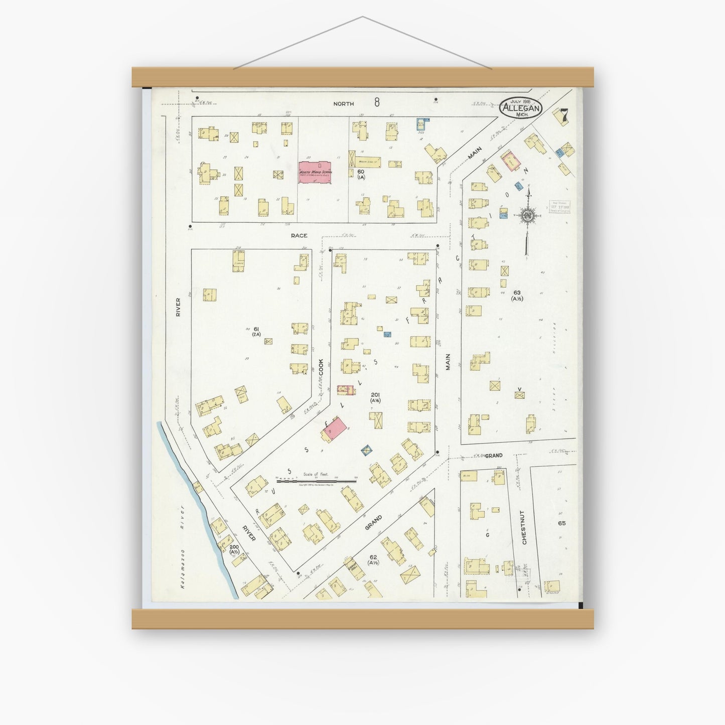 Old map wall art mockup — magnetic wood frame on white wall — Sanborn Fire Insurance Map from Allegan, Allegan County, Michigan (1918), Sheet #0007