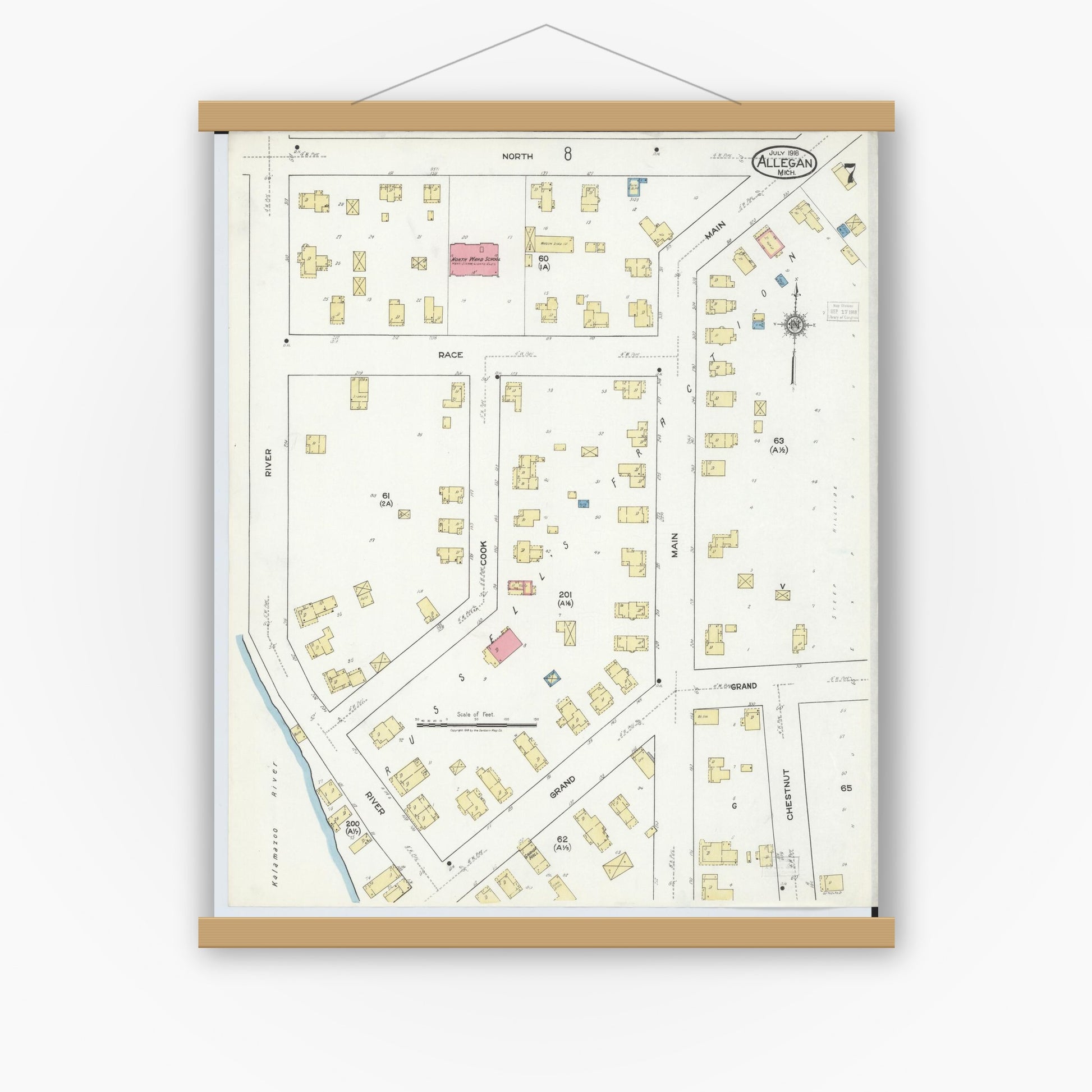 Old map wall art mockup — magnetic wood frame on white wall — Sanborn Fire Insurance Map from Allegan, Allegan County, Michigan (1918), Sheet #0007