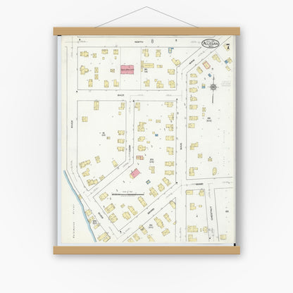 Old map wall art mockup — magnetic wood frame on white wall — Sanborn Fire Insurance Map from Allegan, Allegan County, Michigan (1918), Sheet #0007