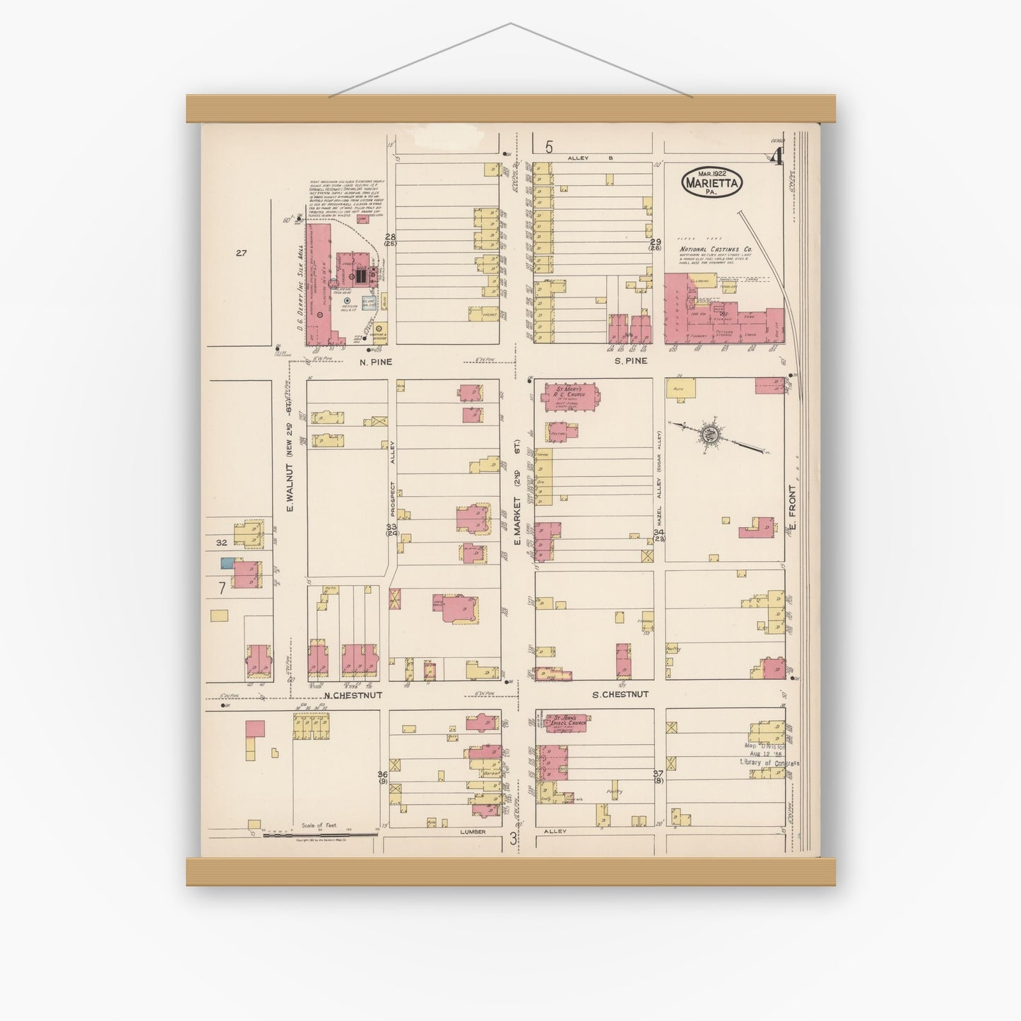 Old map wall art mockup — magnetic wood frame on white wall — Sanborn Fire Insurance Map from Marietta, Lancaster County, Pennsylvania (1922), Sheet #0004
