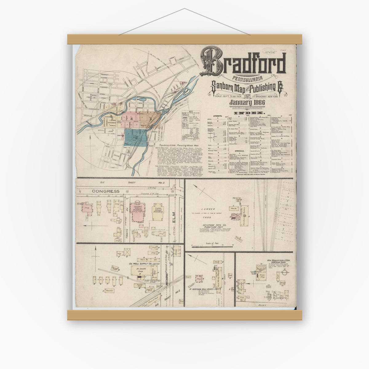 Old map wall art mockup — magnetic wood frame on white wall — Sanborn Fire Insurance Map from Bradford, McKean County, Pennsylvania (1886) - Complete Map Set