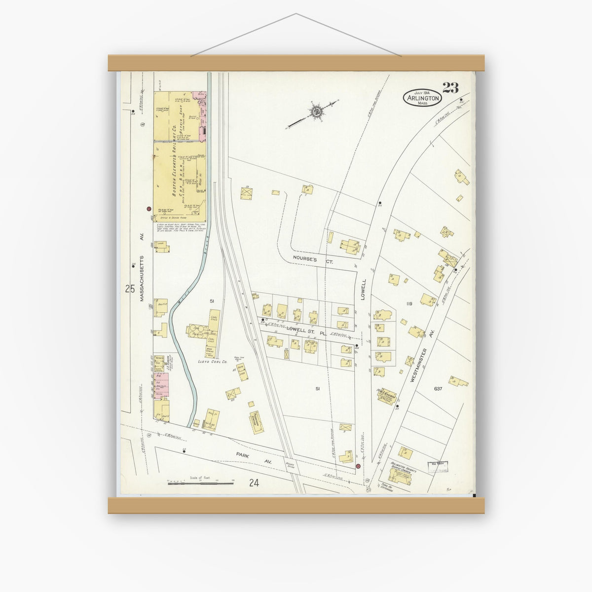 Old map wall art mockup — magnetic wood frame on white wall — Sanborn Fire Insurance Map from Arlington, Middlesex County, Massachusetts (1914), Sheet #0023