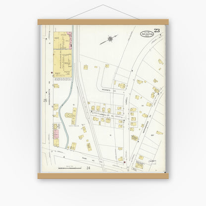 Old map wall art mockup — magnetic wood frame on white wall — Sanborn Fire Insurance Map from Arlington, Middlesex County, Massachusetts (1914), Sheet #0023