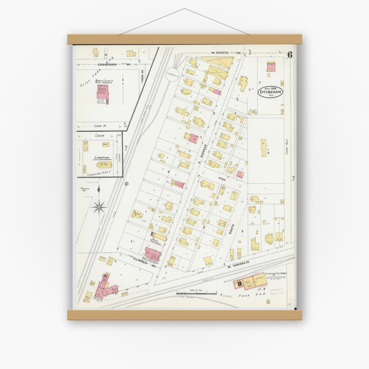 Old map wall art mockup — magnetic wood frame on white wall — Sanborn Fire Insurance Map from Effingham, Effingham County, Illinois (1906), Sheet #0006