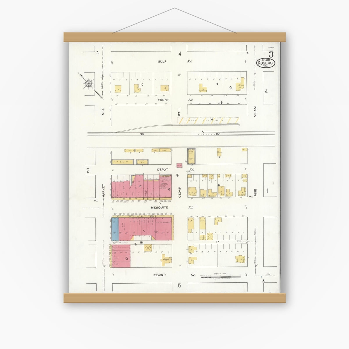 Old map wall art mockup — magnetic wood frame on white wall — Sanborn Fire Insurance Map from Rogers, Bell County, Texas (1921), Sheet #0003