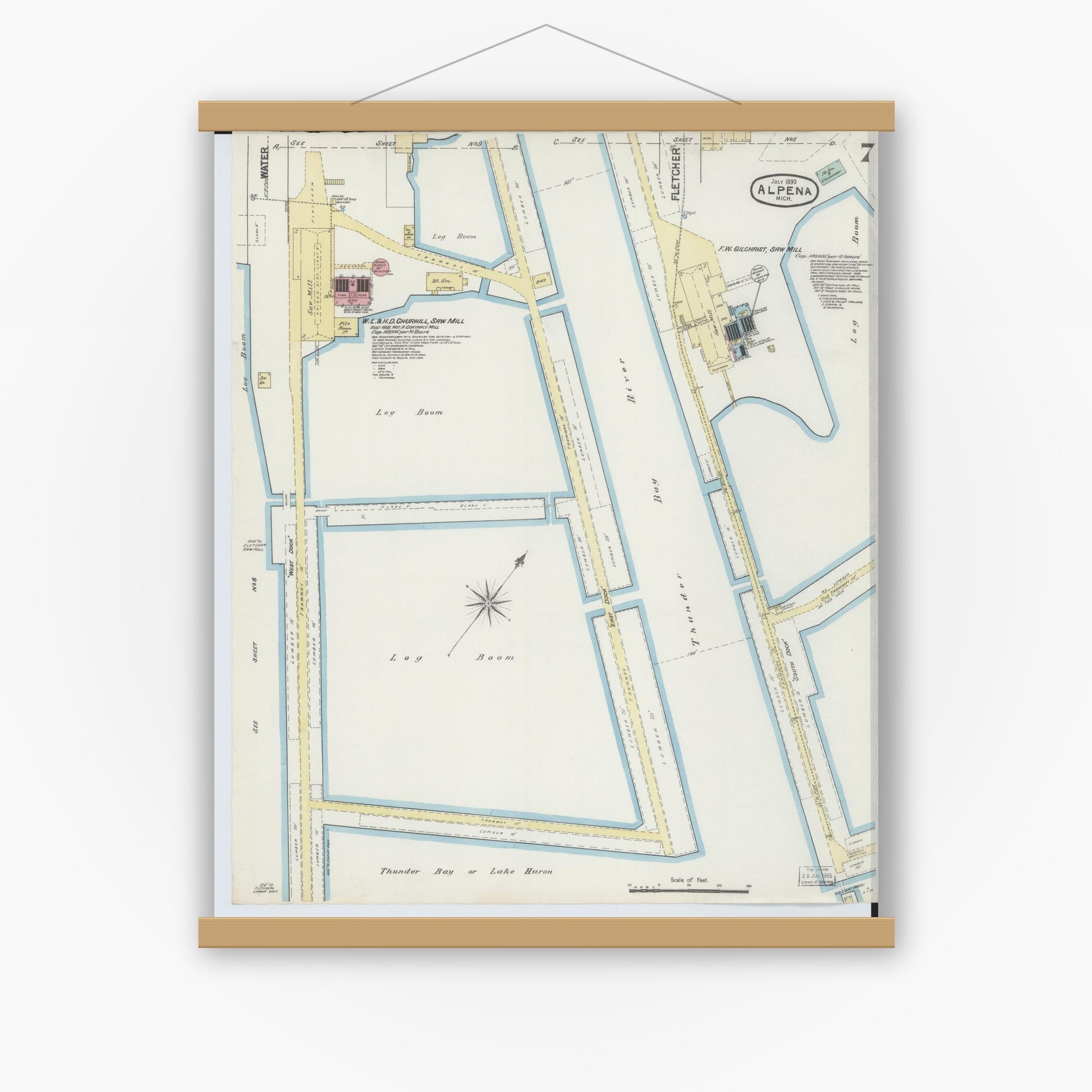 Old map wall art mockup — magnetic wood frame on white wall — Sanborn Fire Insurance Map from Alpena, Alpena County, Michigan (1890), Sheet #0007