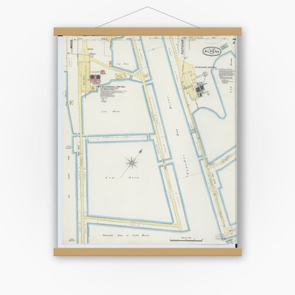 Old map wall art mockup — magnetic wood frame on white wall — Sanborn Fire Insurance Map from Alpena, Alpena County, Michigan (1890), Sheet #0007