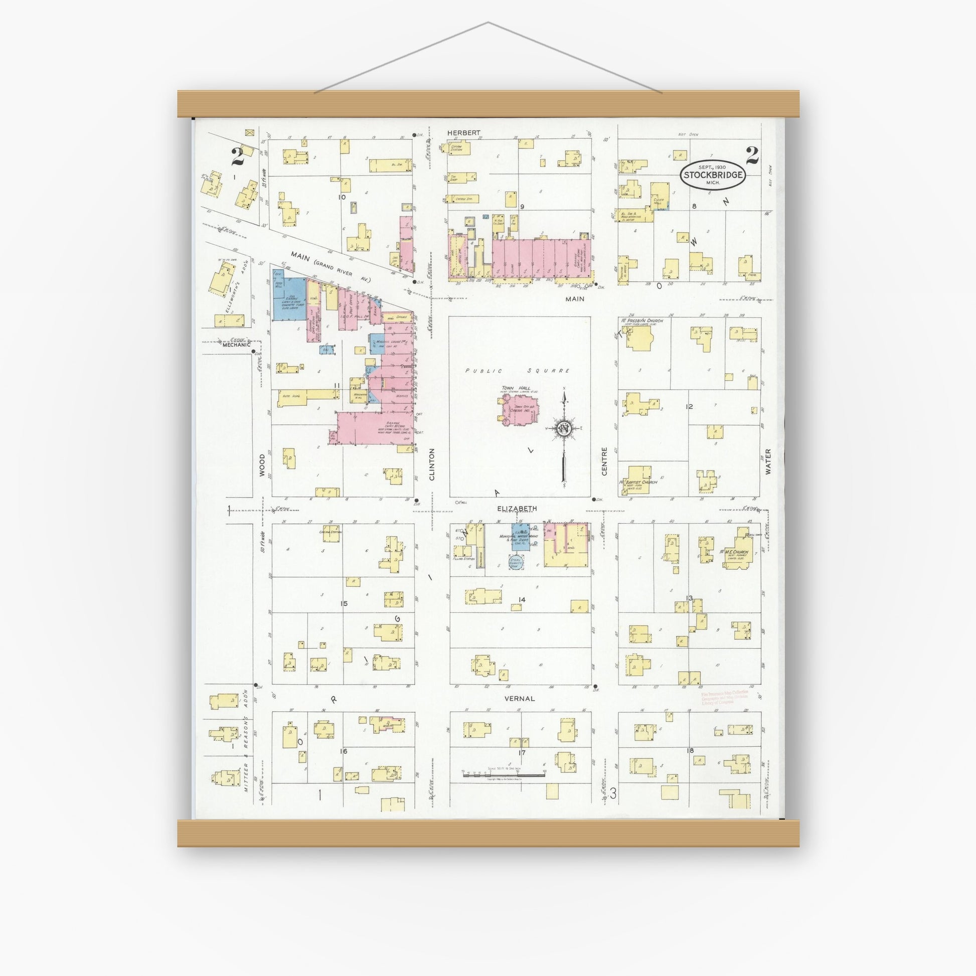 Old map wall art mockup — magnetic wood frame on white wall — Sanborn Fire Insurance Map from Stockbridge, Ingham County, Michigan (1930), Sheet #0002