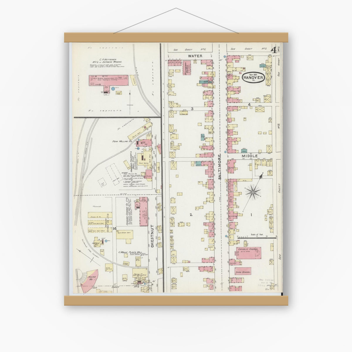 Old map wall art mockup — magnetic wood frame on white wall — Sanborn Fire Insurance Map from Hanover, York County, Pennsylvania (1891), Sheet #0004