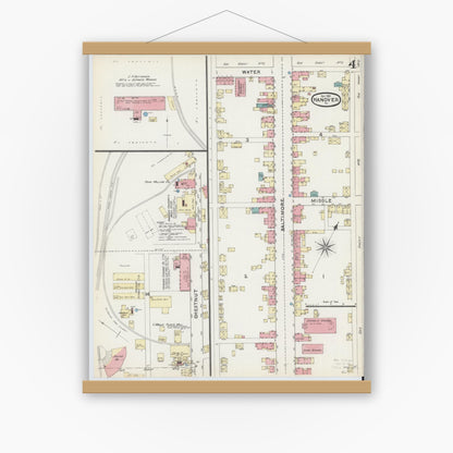 Old map wall art mockup — magnetic wood frame on white wall — Sanborn Fire Insurance Map from Hanover, York County, Pennsylvania (1891), Sheet #0004