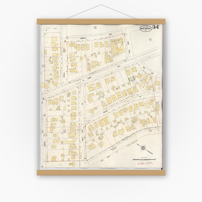 Old map wall art mockup — magnetic wood frame on white wall — Sanborn Fire Insurance Map from Burlingame, San Mateo County, California (1949), Sheet #0034