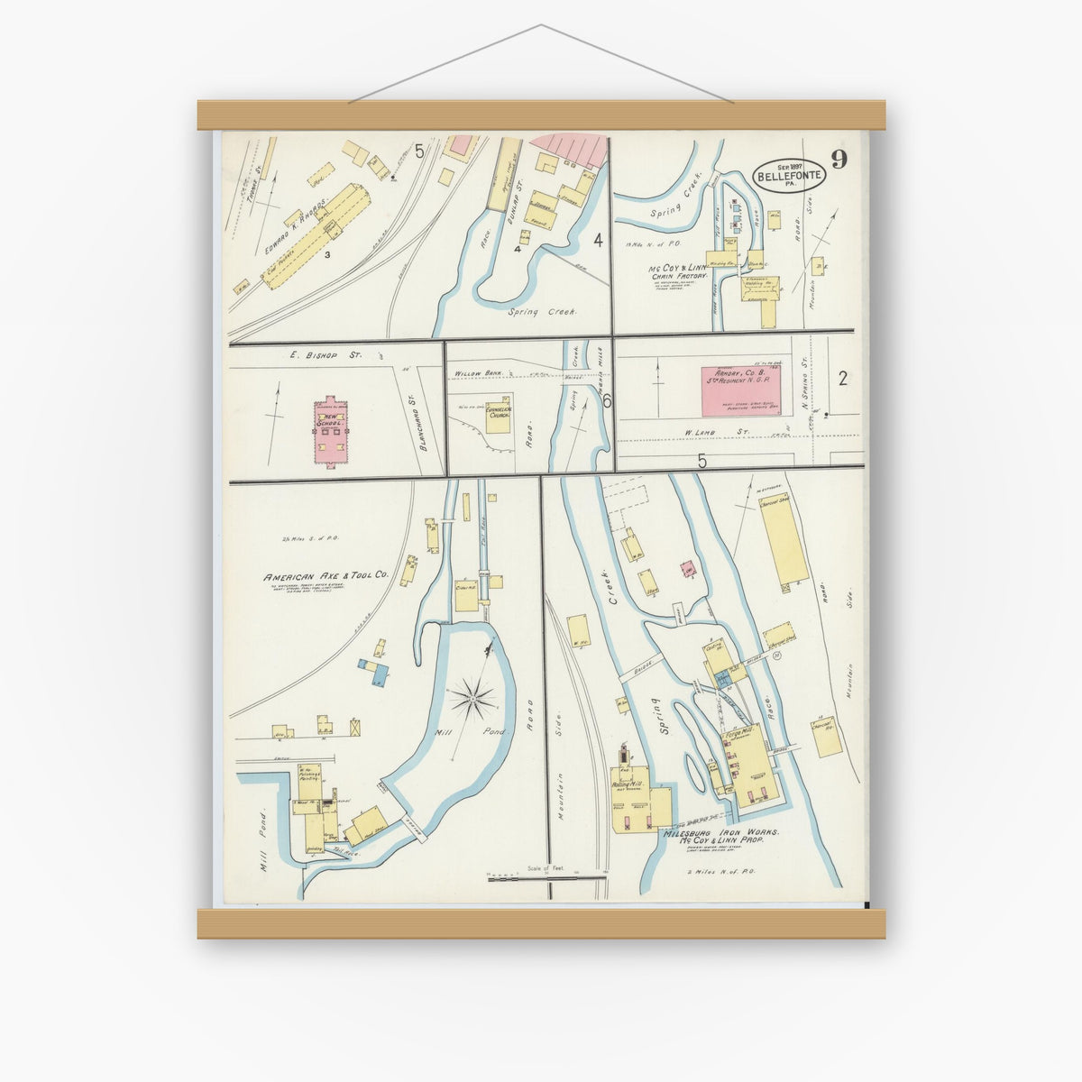 Old map wall art mockup — magnetic wood frame on white wall — Sanborn Fire Insurance Map from Bellefonte, Centre County, Pennsylvania (1897), Sheet #0009