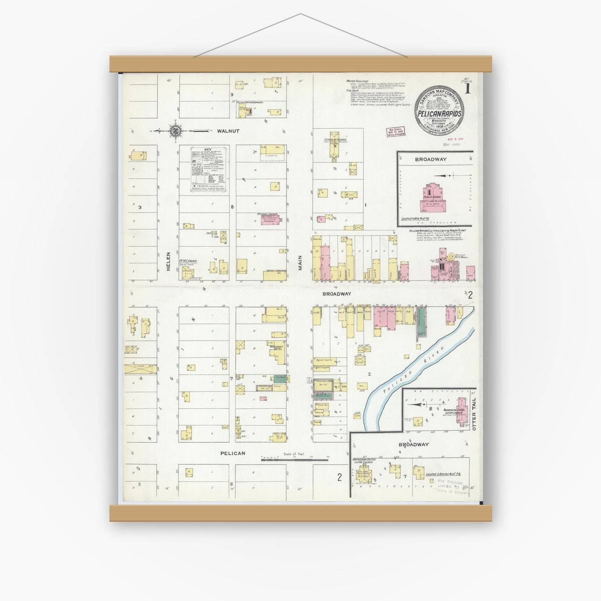 Old map wall art mockup — magnetic wood frame on white wall — Sanborn Fire Insurance Map from Pelican Rapids, Otter Tail County, Minnesota (1909), Sheet #0001