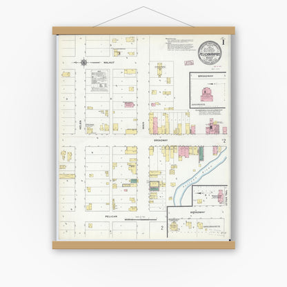 Old map wall art mockup — magnetic wood frame on white wall — Sanborn Fire Insurance Map from Pelican Rapids, Otter Tail County, Minnesota (1909), Sheet #0001