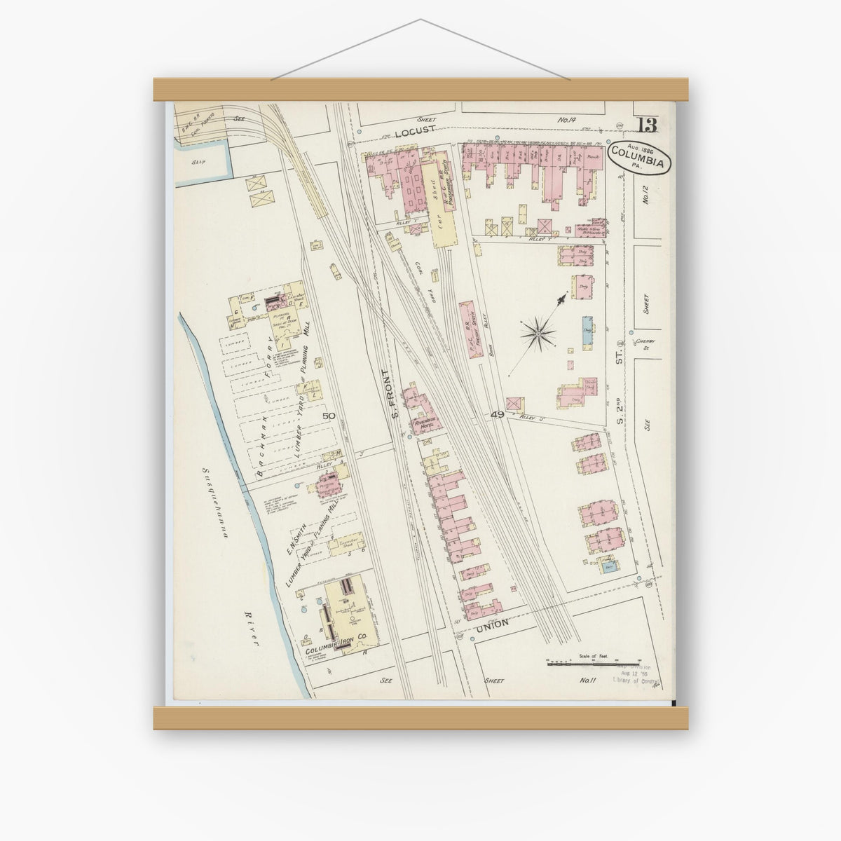 Old map wall art mockup — magnetic wood frame on white wall — Sanborn Fire Insurance Map from Columbia, Lancaster County, Pennsylvania (1886), Sheet #0013