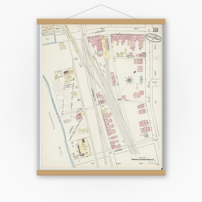 Old map wall art mockup — magnetic wood frame on white wall — Sanborn Fire Insurance Map from Columbia, Lancaster County, Pennsylvania (1886), Sheet #0013