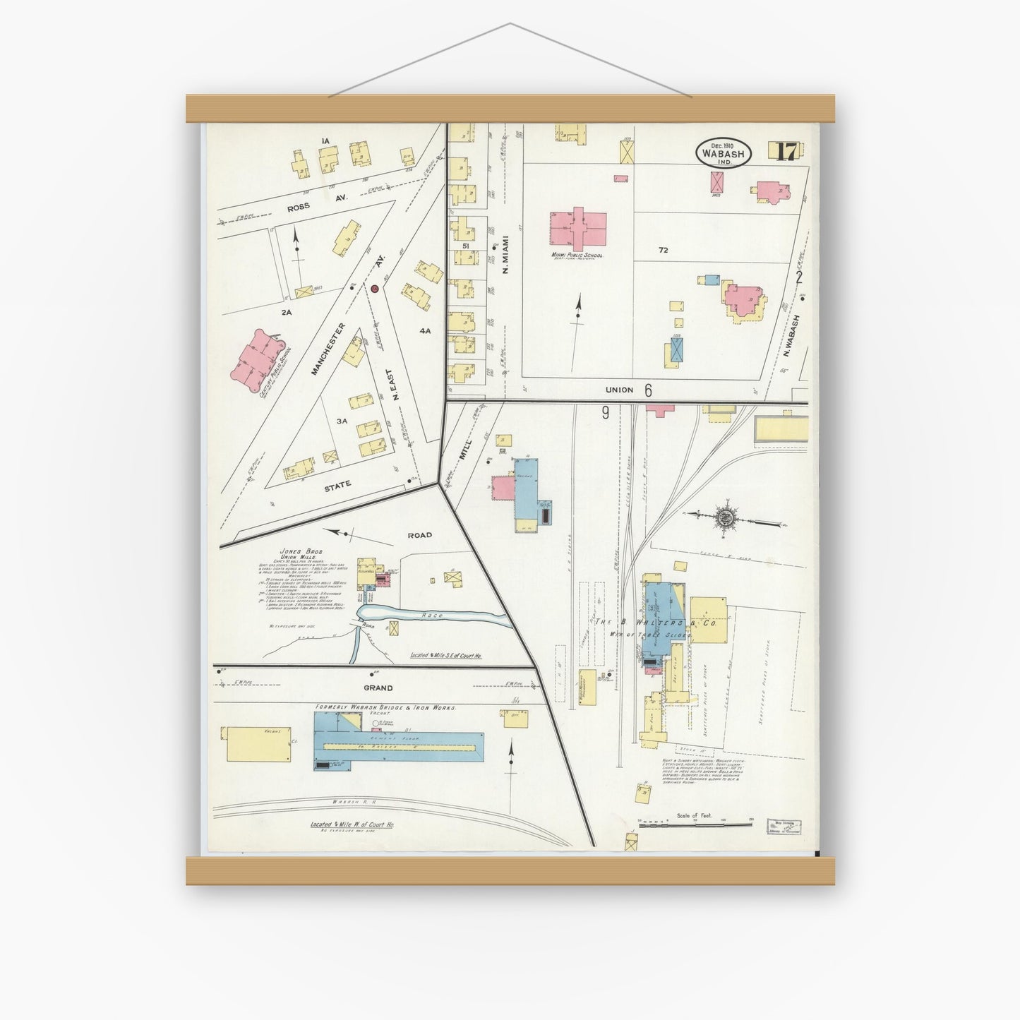 Old map wall art mockup — magnetic wood frame on white wall — Sanborn Fire Insurance Map from Wabash, Wabash County, Indiana (1910), Sheet #0017