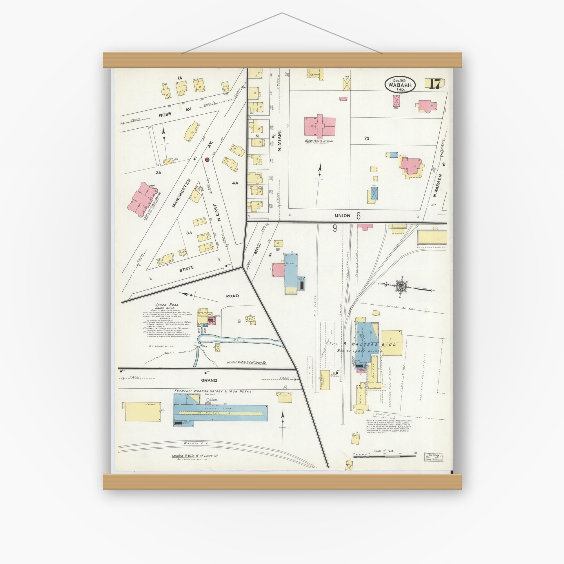 Old map wall art mockup — magnetic wood frame on white wall — Sanborn Fire Insurance Map from Wabash, Wabash County, Indiana (1910), Sheet #0017