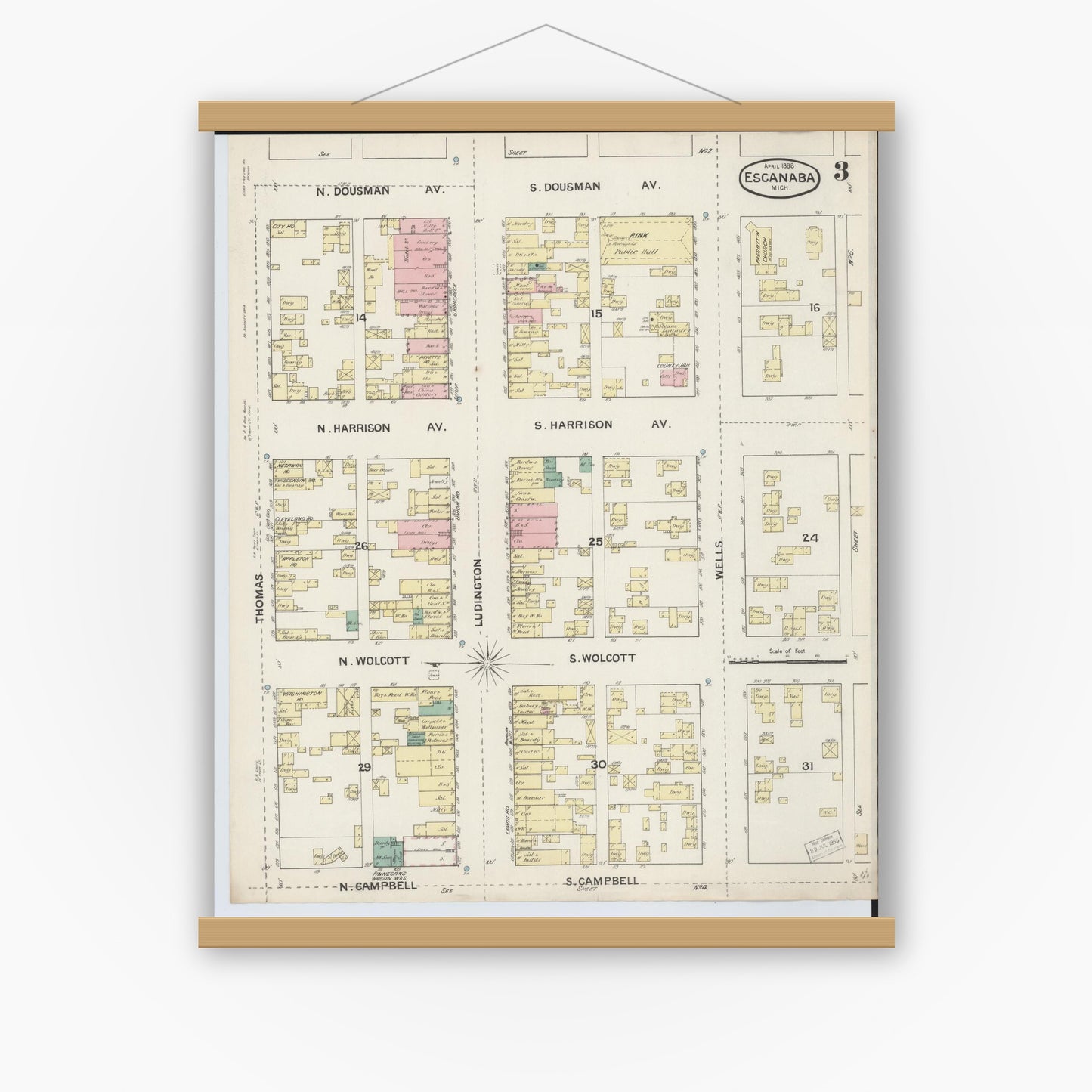 Old map wall art mockup — magnetic wood frame on white wall — Sanborn Fire Insurance Map from Escanaba, Delta County, Michigan (1888), Sheet #0003