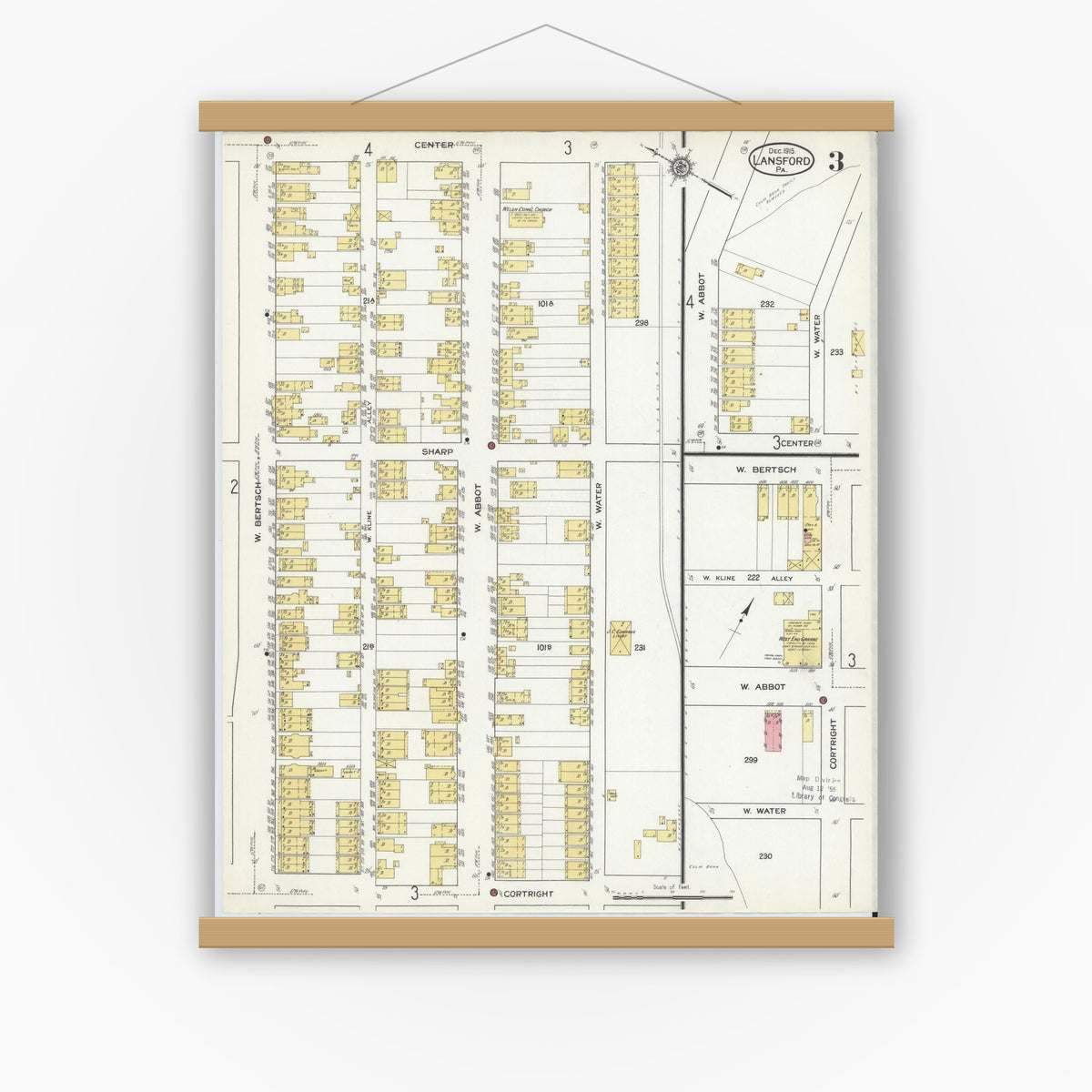 Old map wall art mockup — magnetic wood frame on white wall — Sanborn Fire Insurance Map from Lansford, Carbon County, Pennsylvania (1915), Sheet #0003