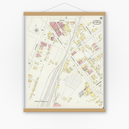 Old map wall art mockup — magnetic wood frame on white wall — Sanborn Fire Insurance Map from Lock Haven, Clinton County, Pennsylvania (1896), Sheet #0009