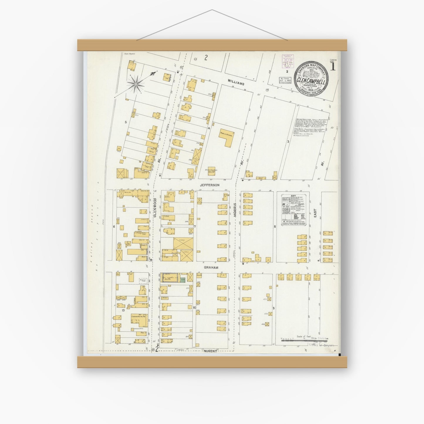 Old map wall art mockup — magnetic wood frame on white wall — Sanborn Fire Insurance Map from Glen Campbell, Indiana County, Pennsylvania (1903), Sheet #0001