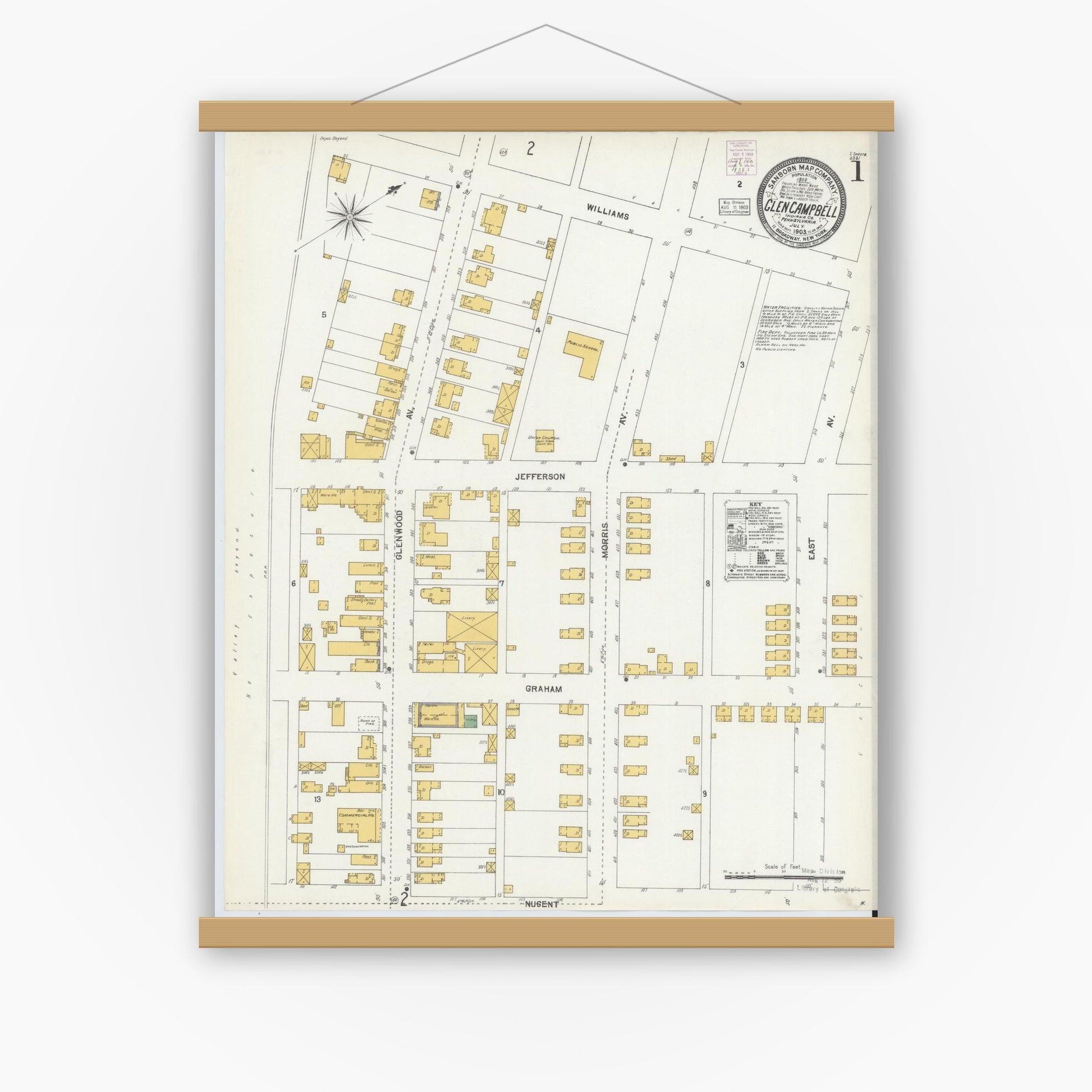 Old map wall art mockup — magnetic wood frame on white wall — Sanborn Fire Insurance Map from Glen Campbell, Indiana County, Pennsylvania (1903), Sheet #0001