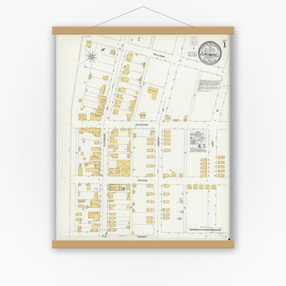 Old map wall art mockup — magnetic wood frame on white wall — Sanborn Fire Insurance Map from Glen Campbell, Indiana County, Pennsylvania (1903), Sheet #0001