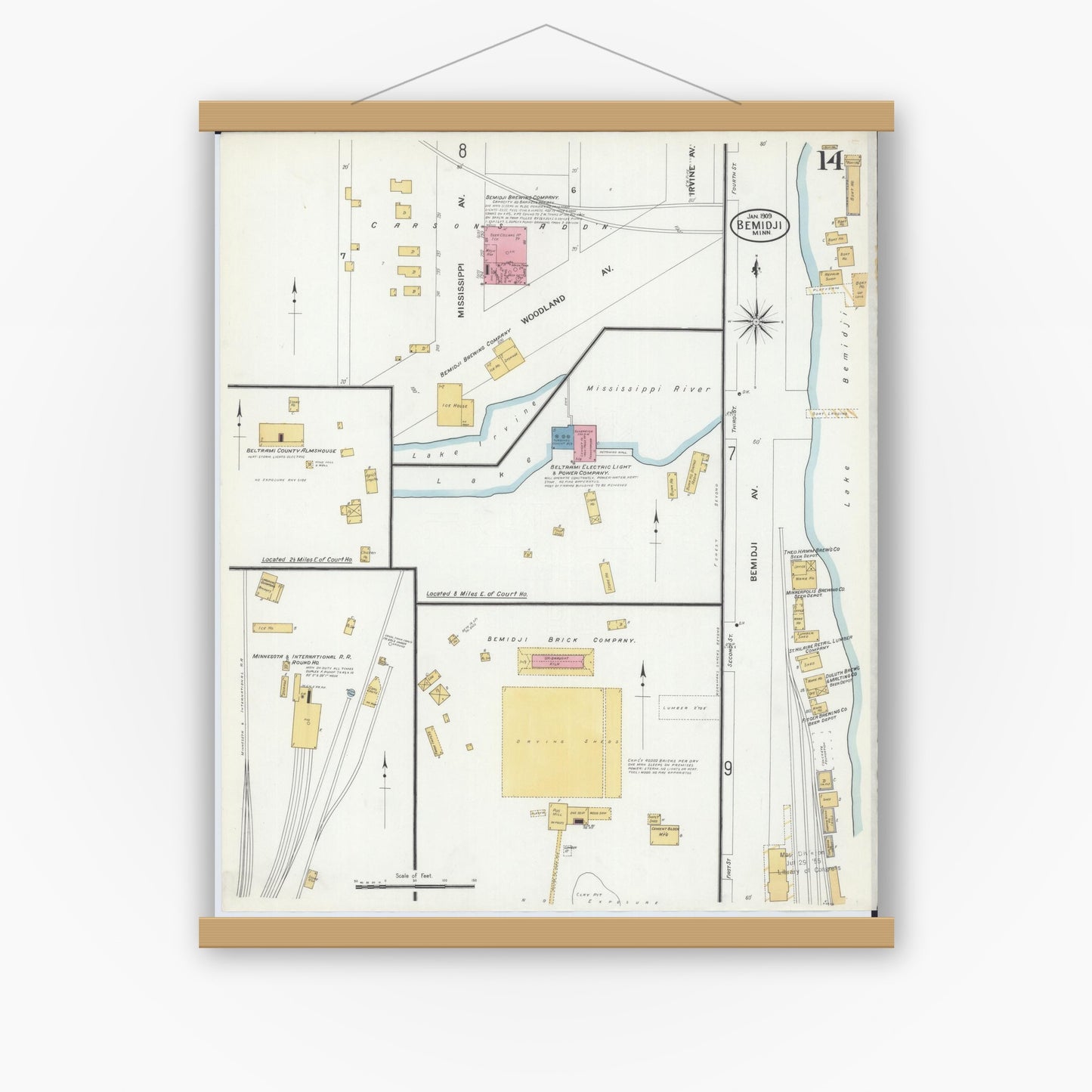 Old map wall art mockup — magnetic wood frame on white wall — Sanborn Fire Insurance Map from Bemidji, Beltrami County, Minnesota (1909), Sheet #0014