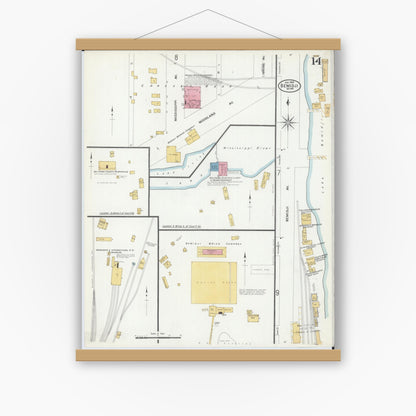 Old map wall art mockup — magnetic wood frame on white wall — Sanborn Fire Insurance Map from Bemidji, Beltrami County, Minnesota (1909), Sheet #0014