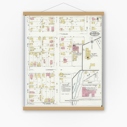 Old map wall art mockup — magnetic wood frame on white wall — Sanborn Fire Insurance Map from Upper Sandusky, Wyandot County, Ohio (1921), Sheet #0008