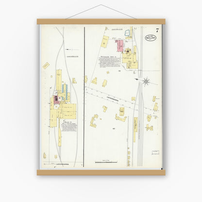 Old map wall art mockup — magnetic wood frame on white wall — Sanborn Fire Insurance Map from Wayland, Steuben County, New York (1908), Sheet #0007