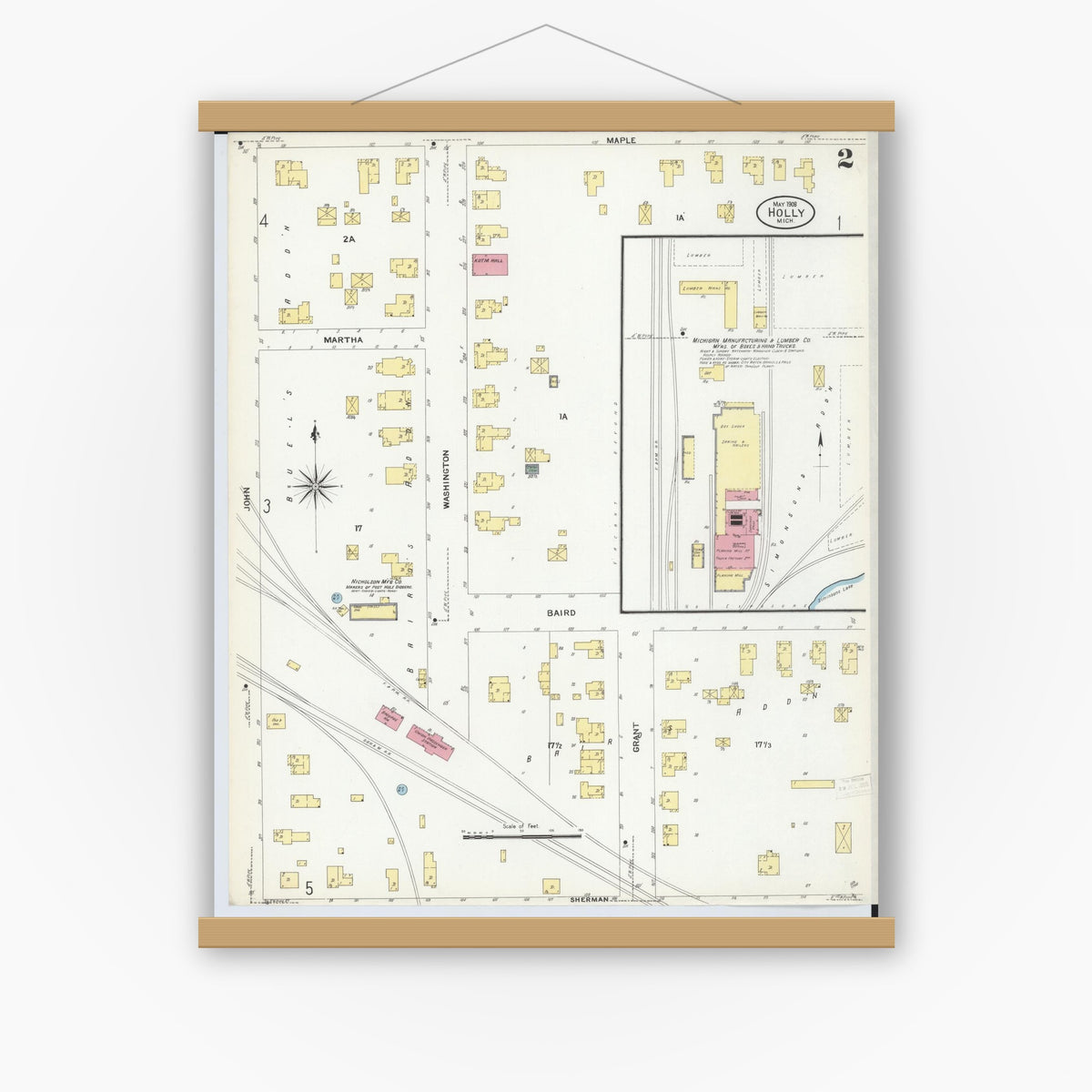 Old map wall art mockup — magnetic wood frame on white wall — Sanborn Fire Insurance Map from Holly, Oakland County, Michigan (1908), Sheet #0002