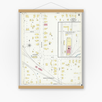 Old map wall art mockup — magnetic wood frame on white wall — Sanborn Fire Insurance Map from Holly, Oakland County, Michigan (1908), Sheet #0002